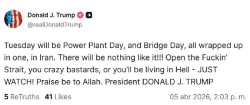 Trump exige a los "locos cabrones" de Ir&aacute;n que abran para el martes "el puto estrecho" de Ormuz
